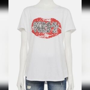 💋EUC Kiss "Kiss Leopard Print🐆 Logo on Red Lips💋 Graphic T-Shirt" White🤍XL💋